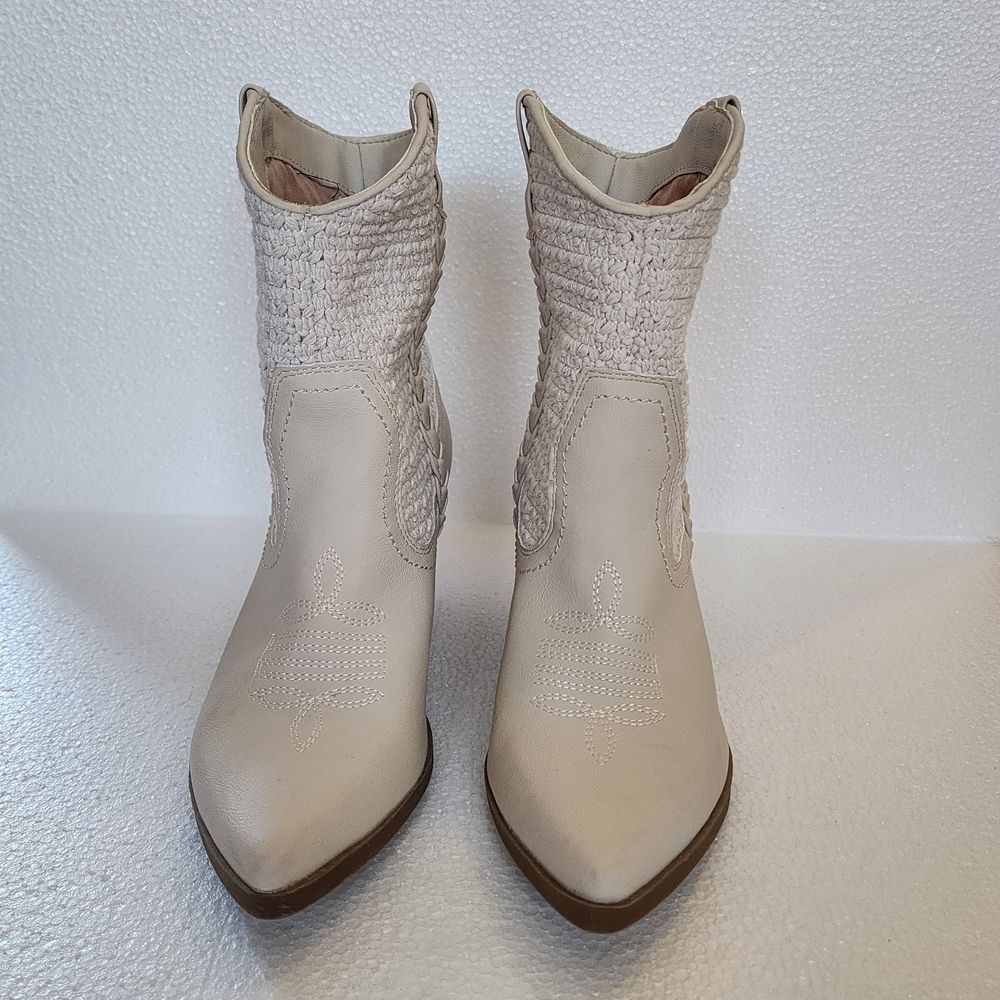 Dolce Vita Koolson Cream Braided Western Ankle Boots with Stacked Heel - Picture 2 of 12